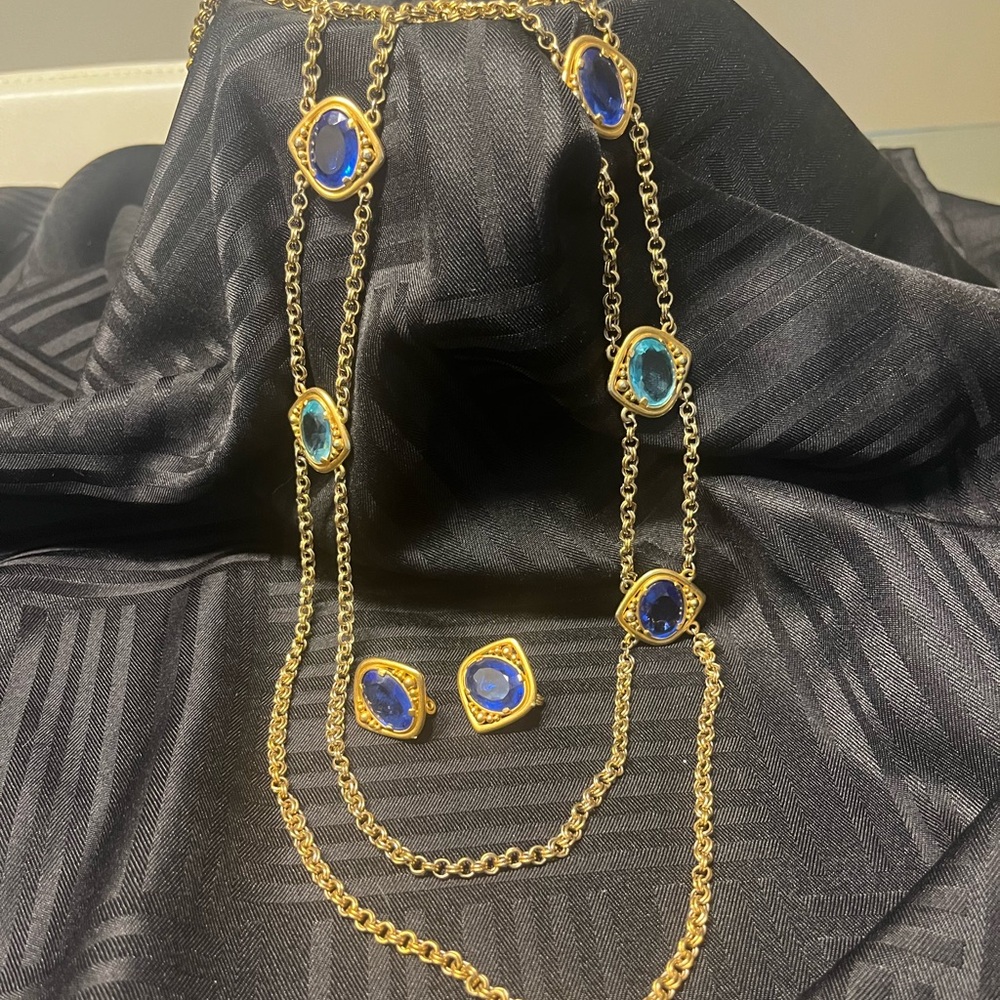 Vintage YSL DOUBLE STAND blue glass necklace with earrings . Circa 1980